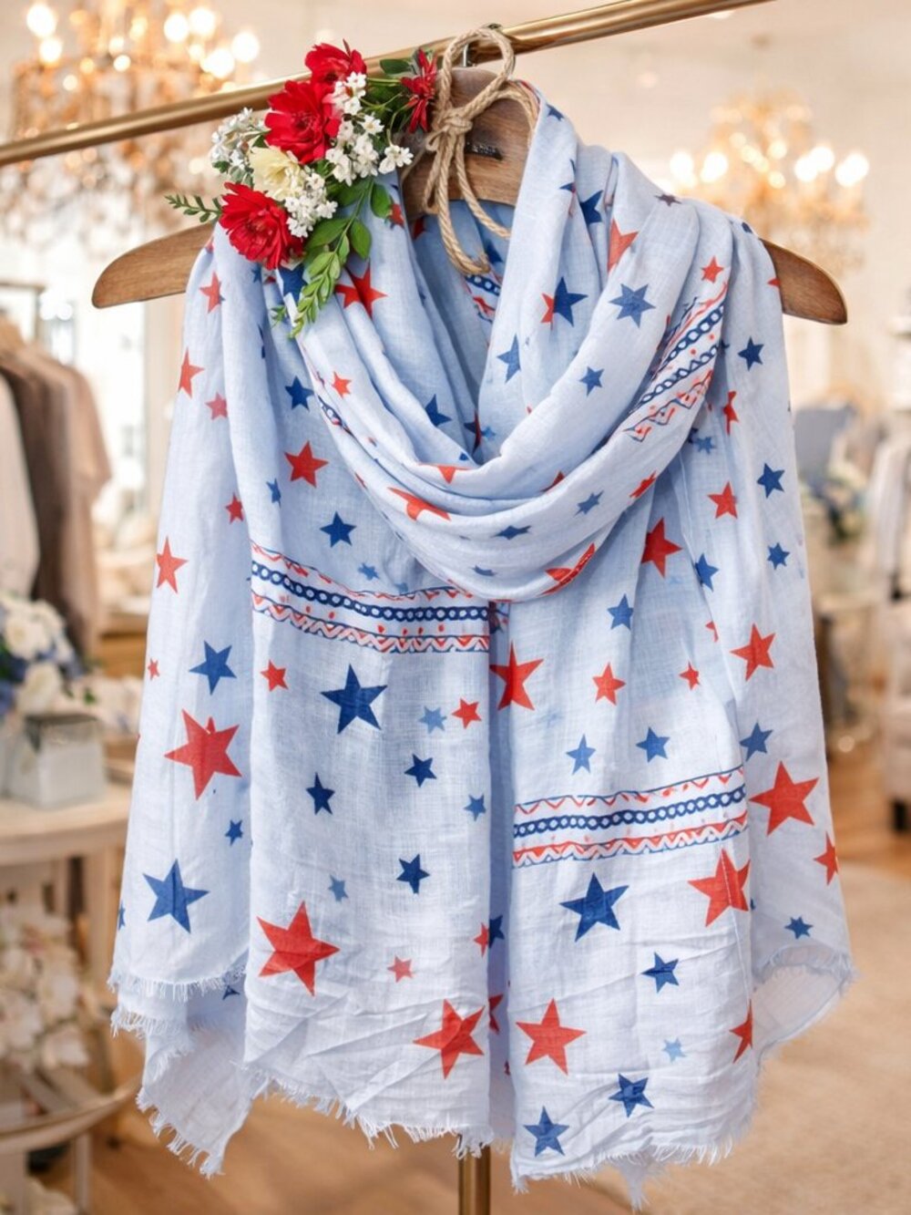 Women’s Blue Red Star Pattern Beachy Coastal Viscose Fringe Hem Scarf 72" X 27"